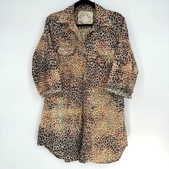 A Rare Bird Pearl Snap Shirt Dress Size S Leopard Boho Glam Western Rhinestones - Picture 1 of 12